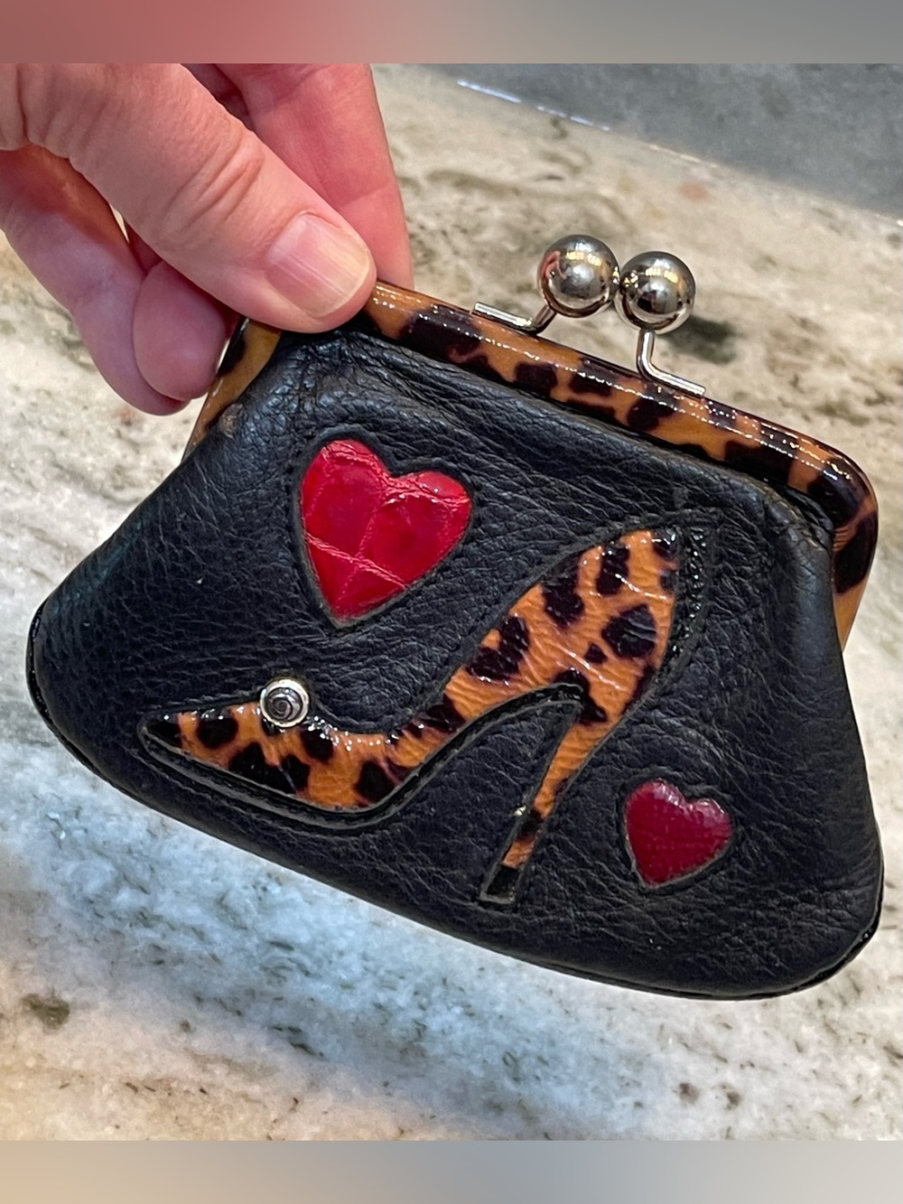 VTG Brighton Coin Purse Leather Kiss Lock Leopard Stiletto w/ Red Hearts
